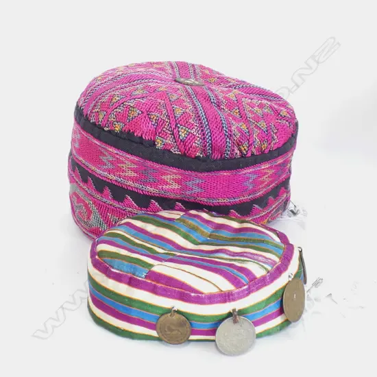 Pink embroidered Afghan? childs skull cap plus a striped silk cap.